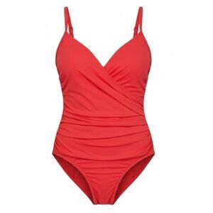 Jantzen Ruched Surplice Faux Wrap One-Piece Swimsuit Sz 24W‎ Red #234B